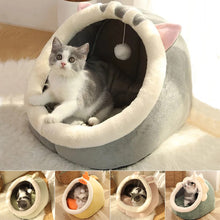 Load image into Gallery viewer, Cave-like cat bed to create a cozy space for your pet to relax. There is a hanging ball attached for those cats that love to play.
